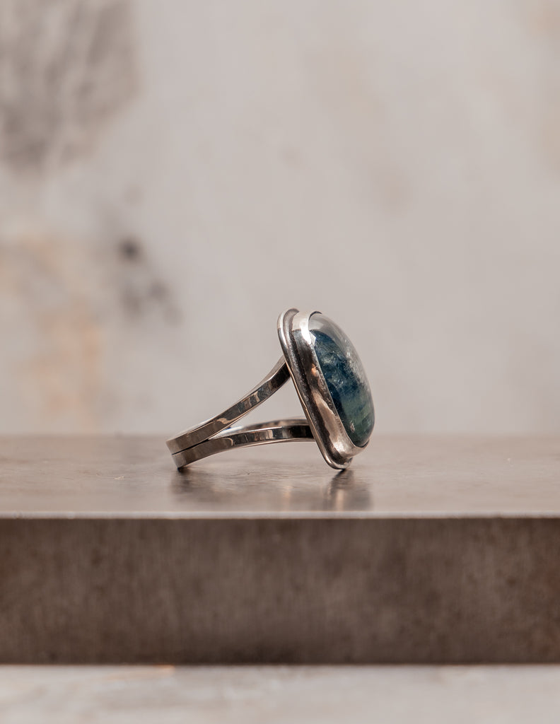 "Artisan-forged sterling silver ring with square cut kyanite gemstone - Aelin statement ring"

