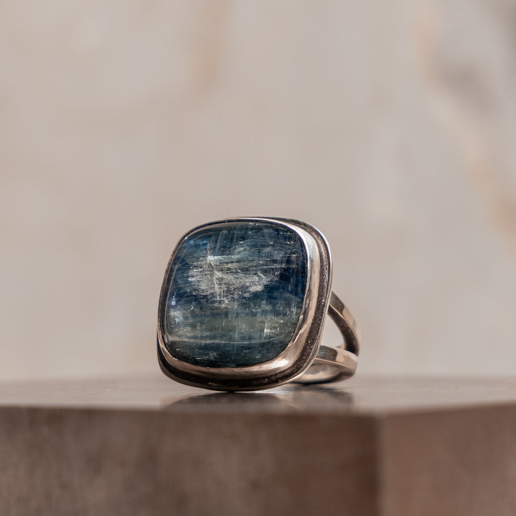 "One-of-a-kind Aelin Ring featuring square cushion cut kyanite in hand-forged sterling silver setting"

