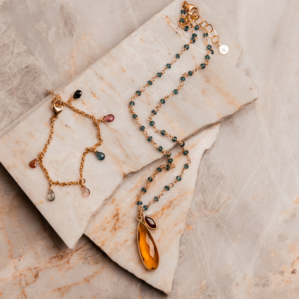 Gold-filled rolo chain bracelet with colorful tourmaline drops, inspired by Mykonos and matching beaded topaz and citrine necklace