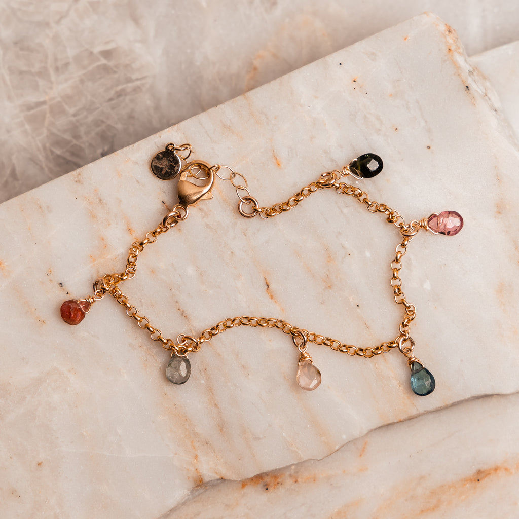 Gold-filled rolo chain bracelet with colorful tourmaline drops, inspired by Mykonos