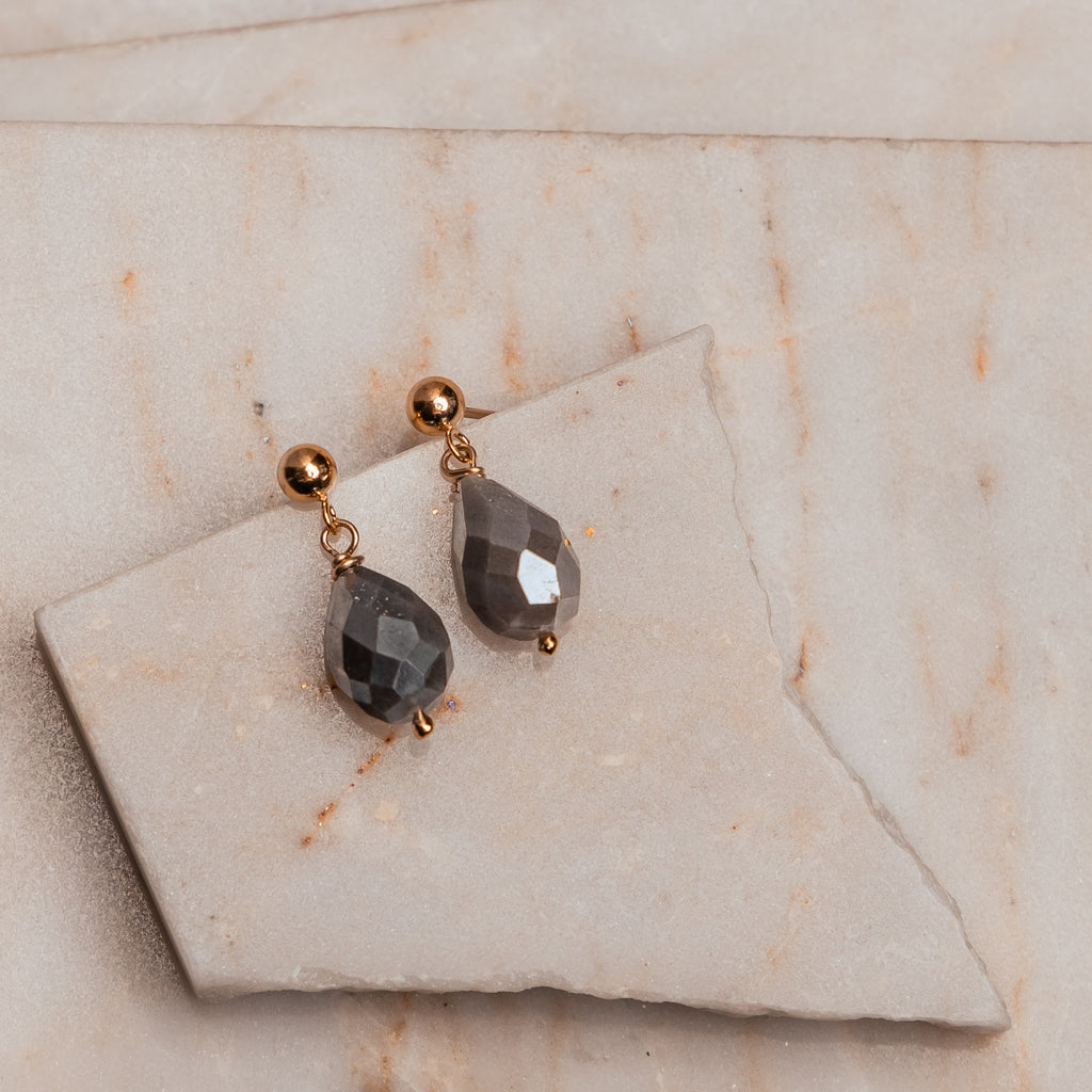 "Dainty labradorite teardrop earrings with gold-filled posts - Avalon drop earrings"

