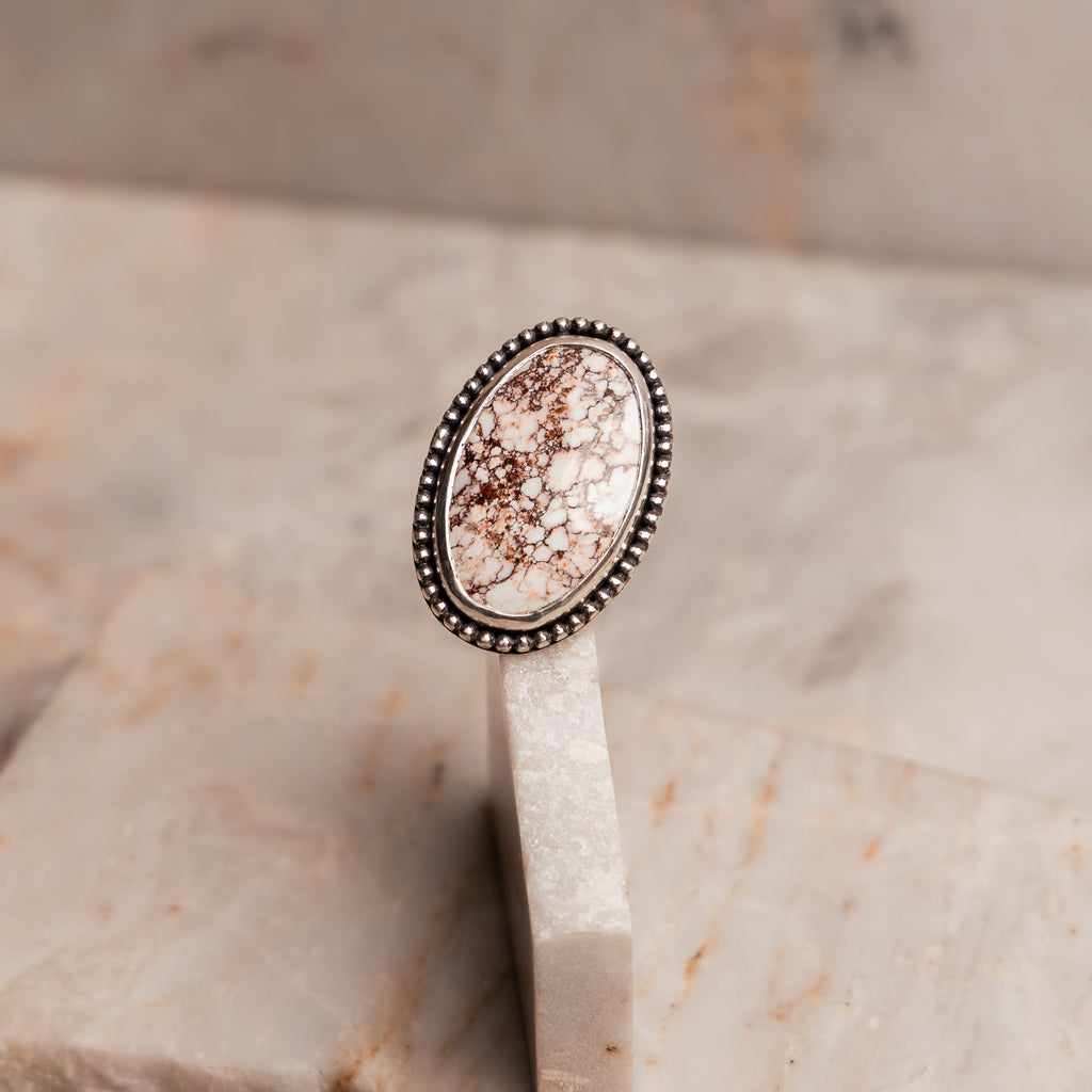 Rustic statement ring featuring rare Gila region wild horse magnesite gemstone