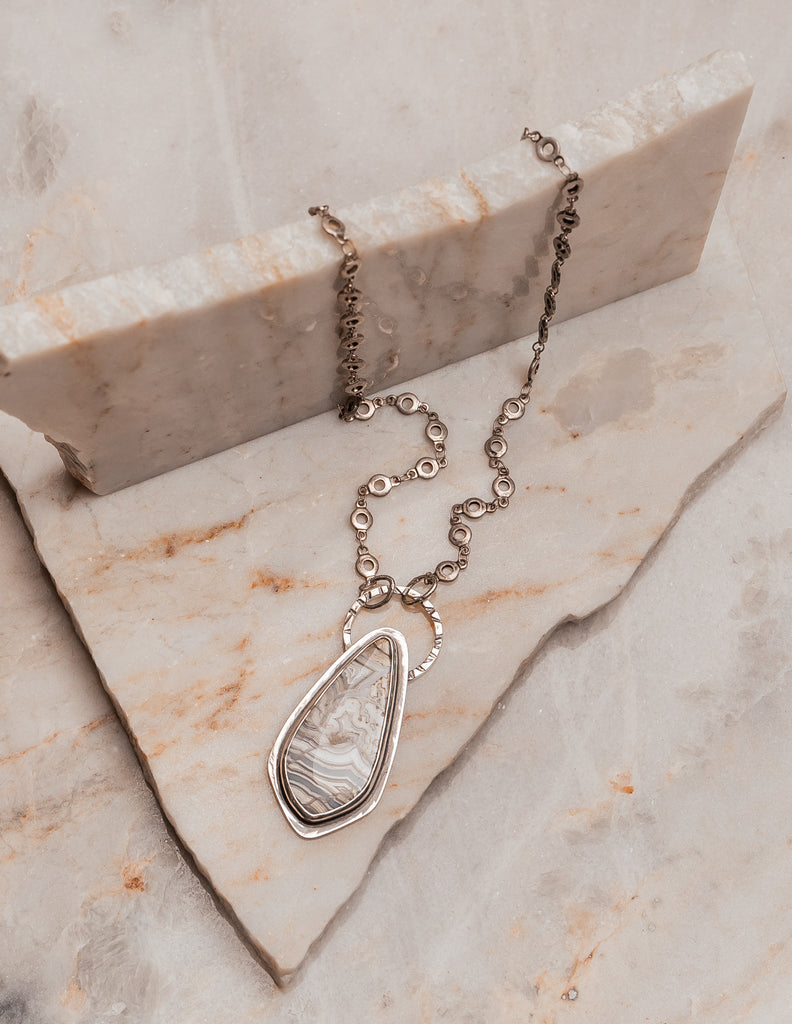 "Bohemian style Dixie Necklace - natural crazy lace agate in sterling silver with unique circle link chain"

