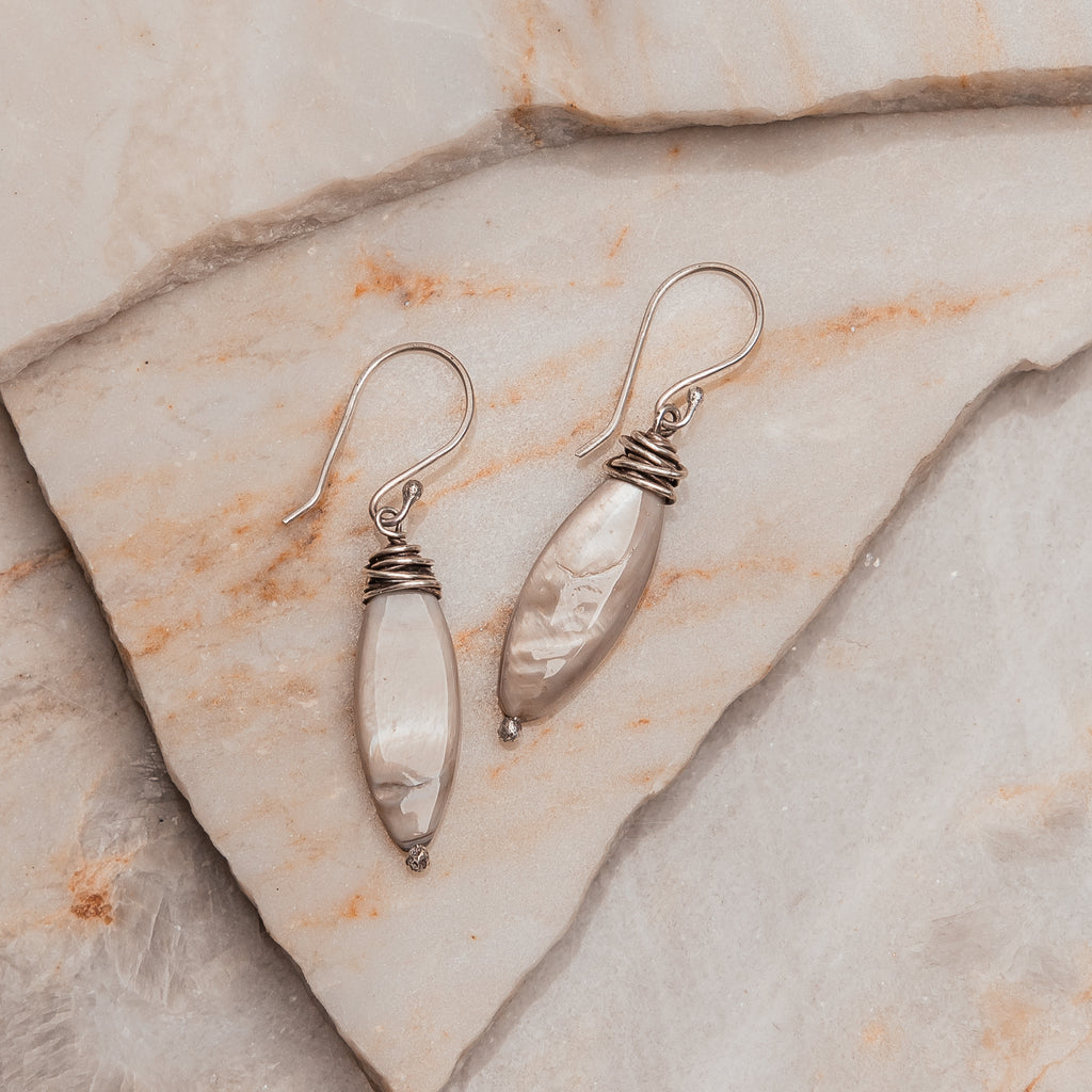 "Handcrafted sterling silver and natural shell earrings - lightweight marquise drops"

