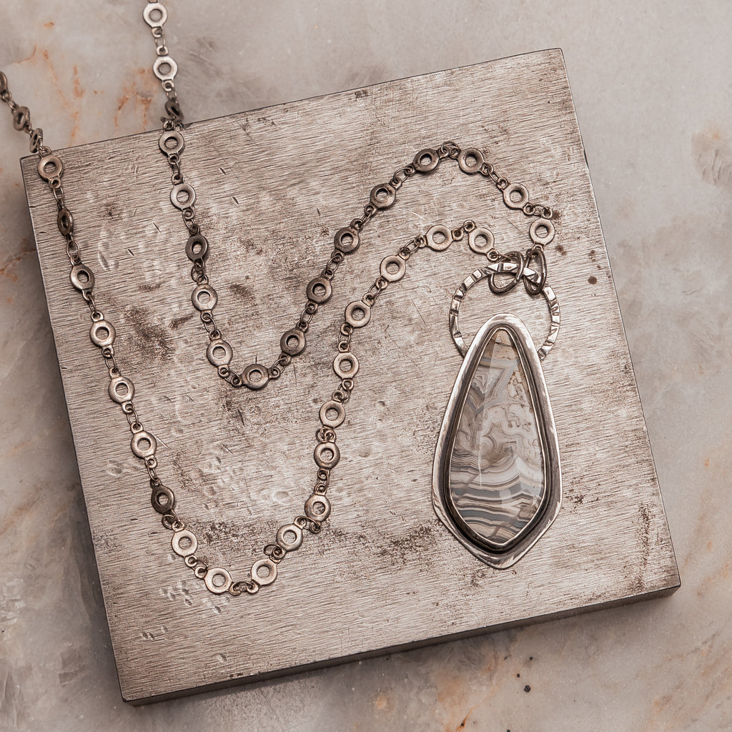 "Dixie Necklace - artisan crazy lace agate pendant with hand-forged sterling silver circle chain, 28 inches"

