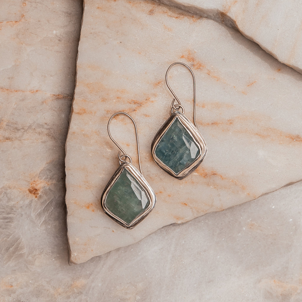 "Modern sterling silver earrings with faceted aquamarine gemstones - Ellie designer drops"

