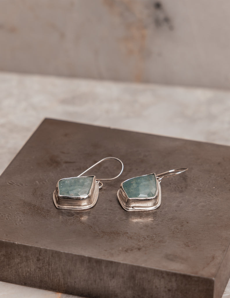 "Contemporary sterling silver and aquamarine dangle earrings - handcrafted design"

