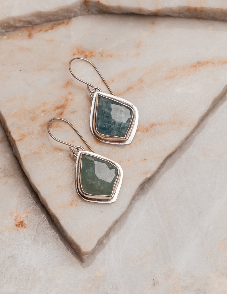 "Contemporary sterling silver and aquamarine dangle earrings - handcrafted design"

