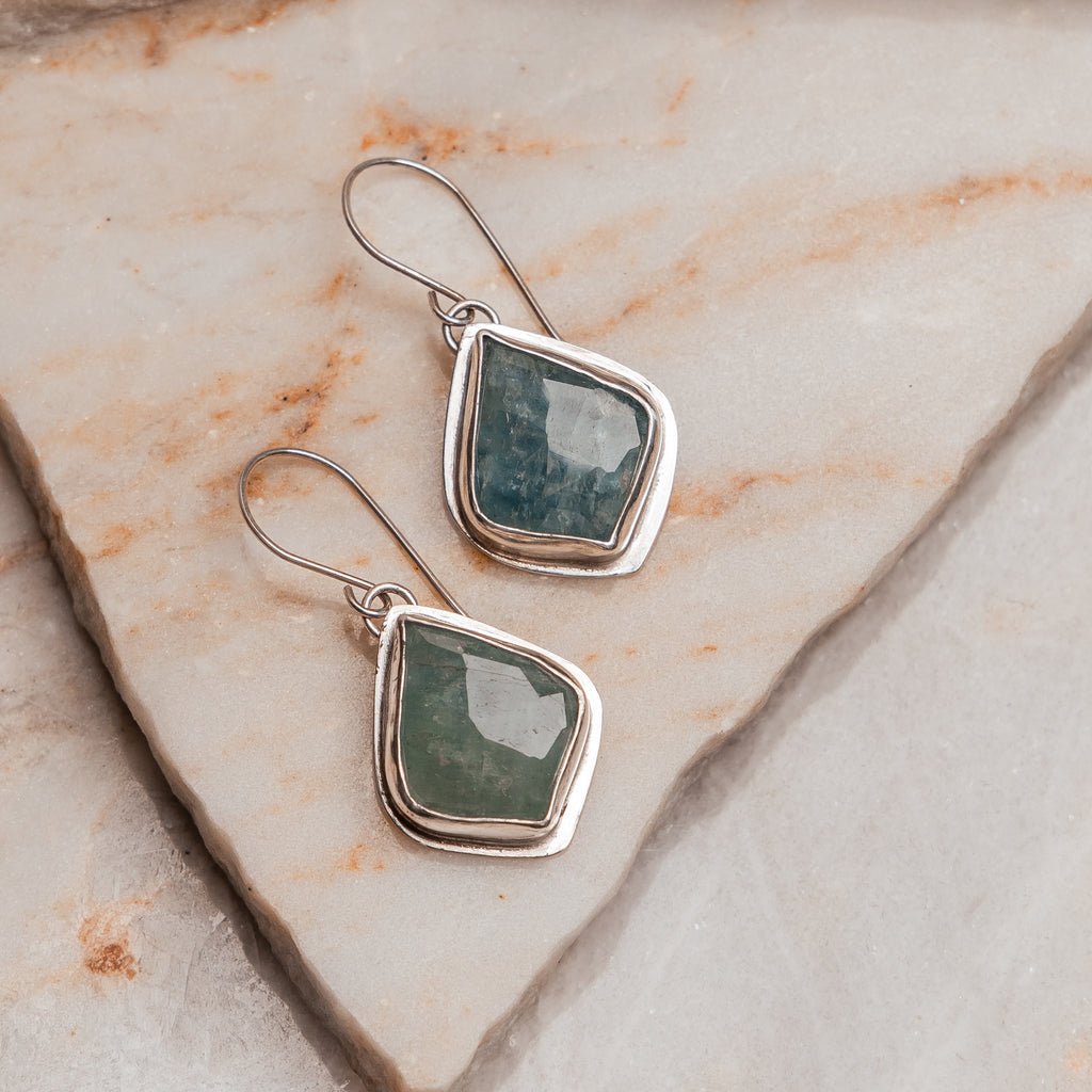 "Ocean blue aquamarine drop earrings in modern sterling silver frames - Ellie Collection"

