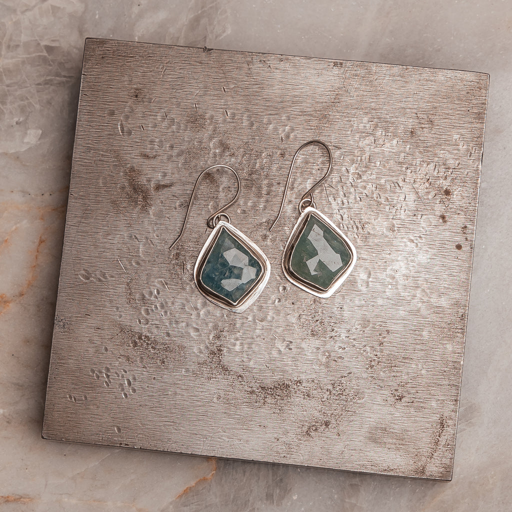 "Artisan-forged sterling silver earrings with geometric aquamarine stones - Ellie design"

