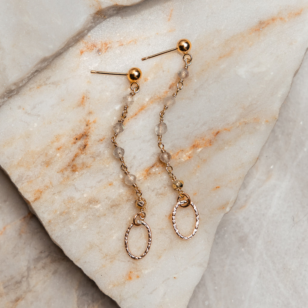 Gold filled labradorite dangle earrings with a delicate chain and textured charm.