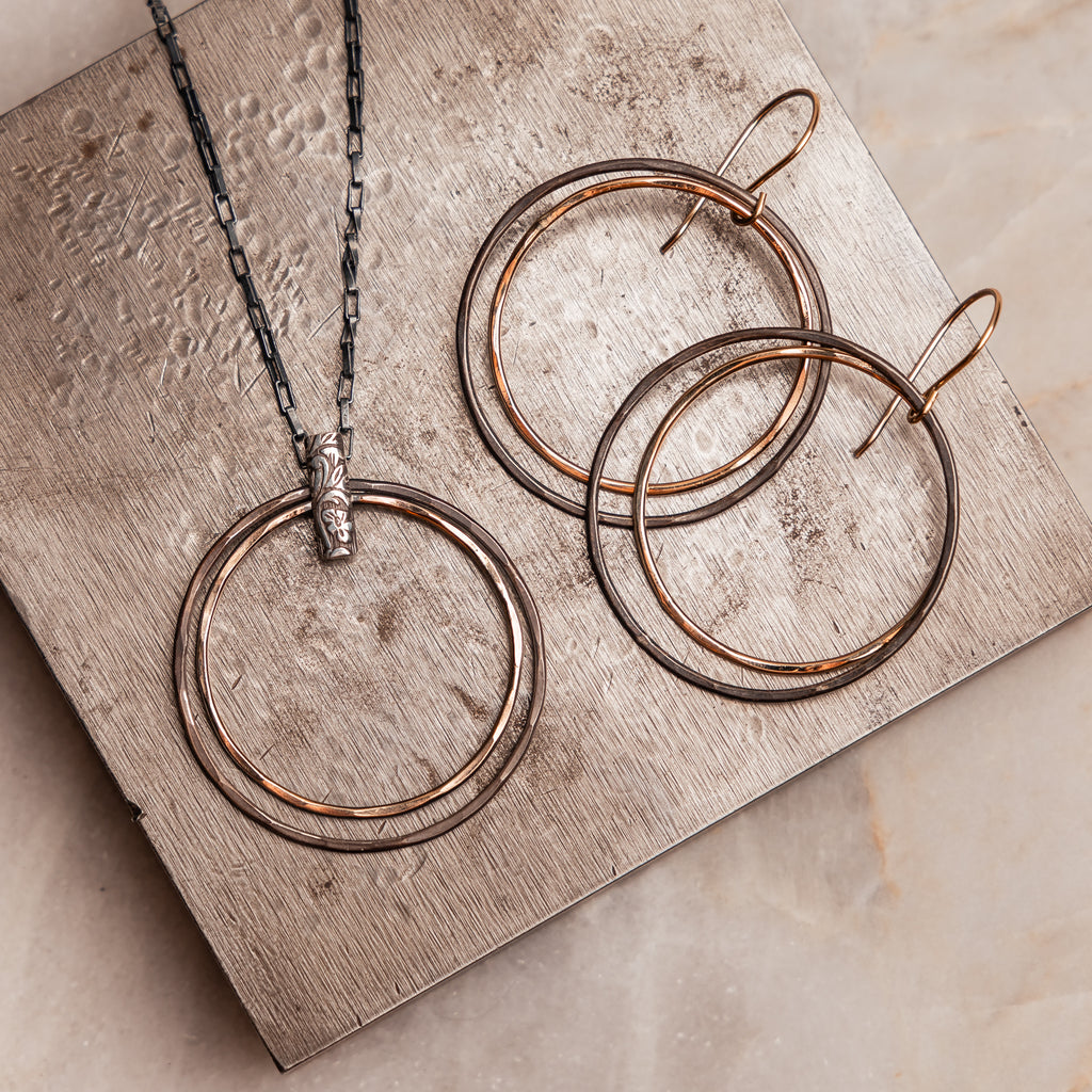 "Elegant Helena Necklace and Earrings showcasing the sophisticated blend of gold-filled and oxidized sterling silver elements."

