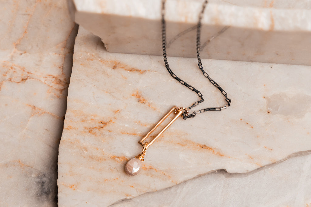 Artisan-made adjustable necklace featuring chocolate moonstone and contrasting metals