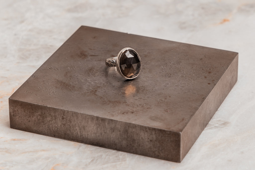 "Statement cocktail ring featuring smoky quartz and textured sterling silver band - handmade Julie Ring"

