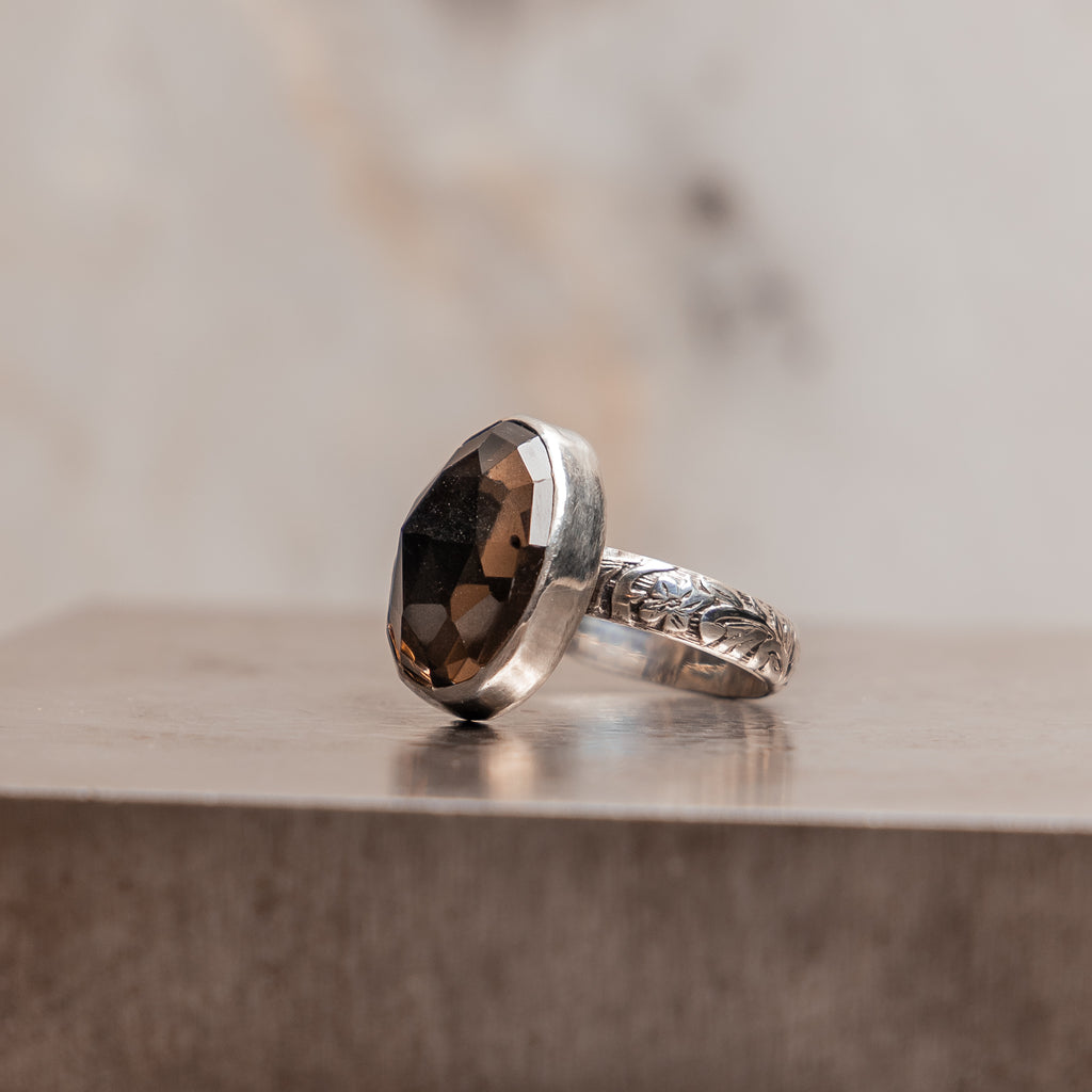 "Unique cocktail ring with oval smoky quartz in sterling silver setting - artisan jewelry Julie Ring"

