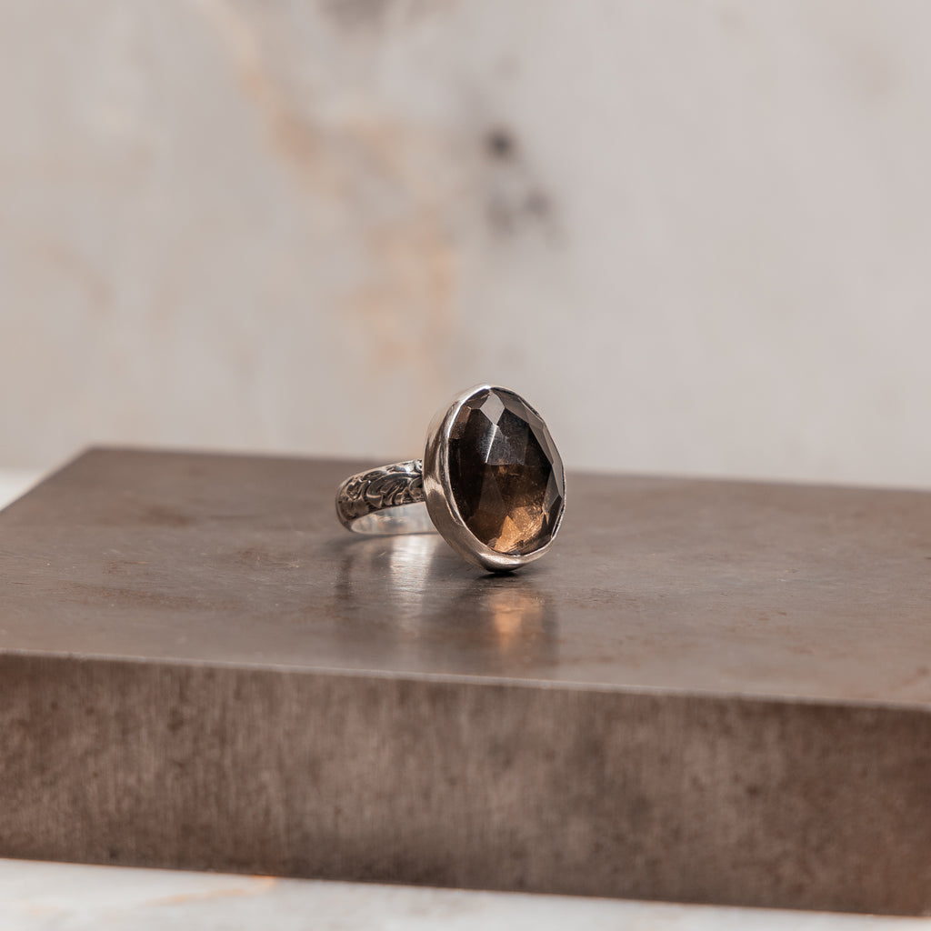 "Smoky quartz statement ring with hand-forged sterling silver band - one of a kind Julie Ring"

