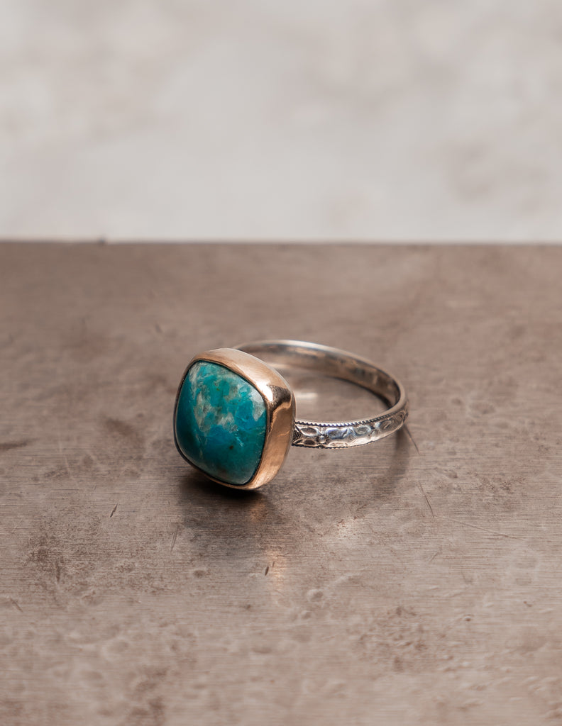 "Luxury chrysocolla and 14k gold statement ring with patterned sterling silver band - size 7"

