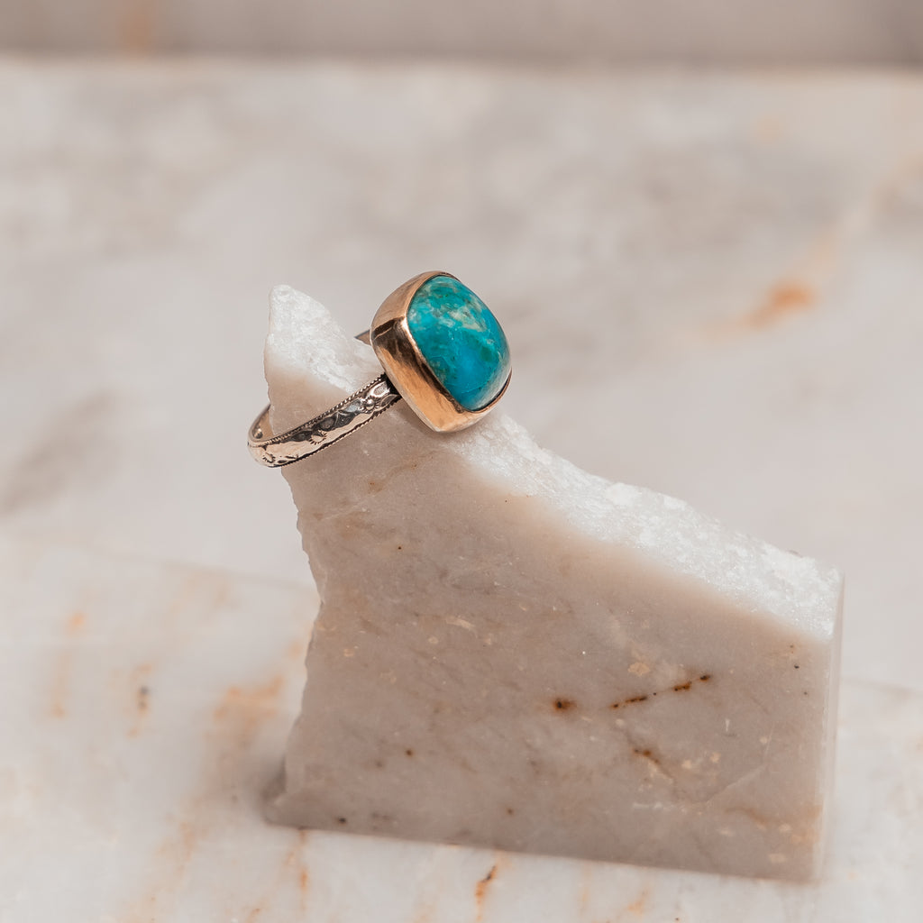 "Mixed metal statement ring featuring natural chrysocolla gemstone - artisan  collection"

