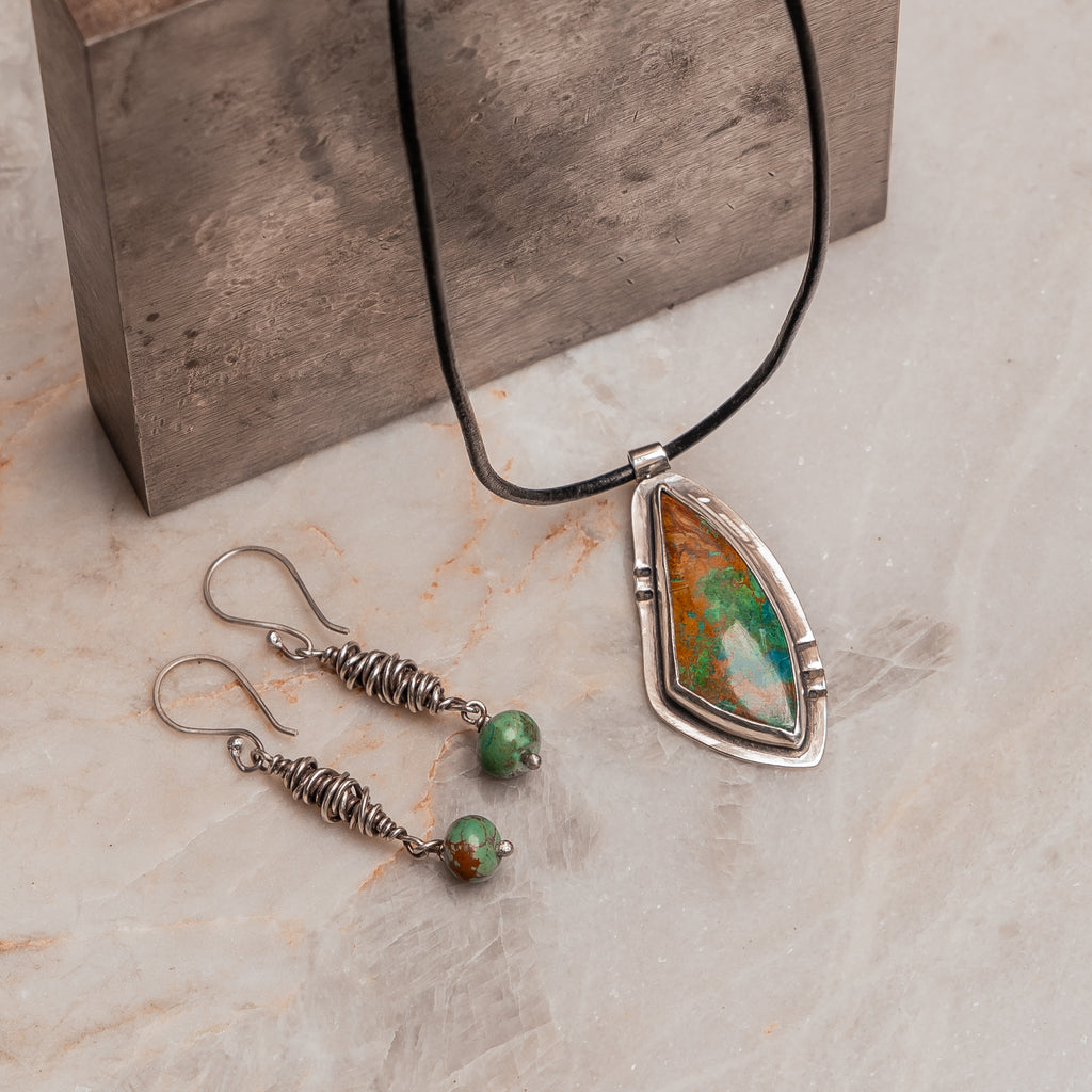 "Australian gemstone necklace featuring chrysocolla in contemporary sterling silver setting 

