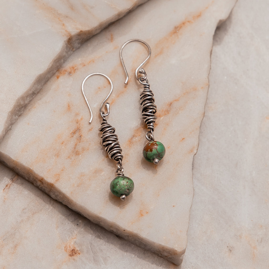 "Sterling silver spiral earrings with natural chrysocolla gemstones - handmade designer Collection"

