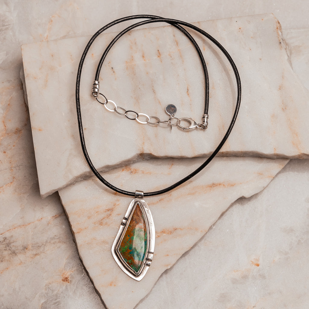 "Hand-forged sterling silver and chrysocolla statement pendant - Kylie designer necklace on leather"

