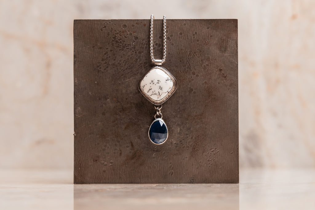 Handmade silver pendant necklace with unique opal and blue gemstone combination