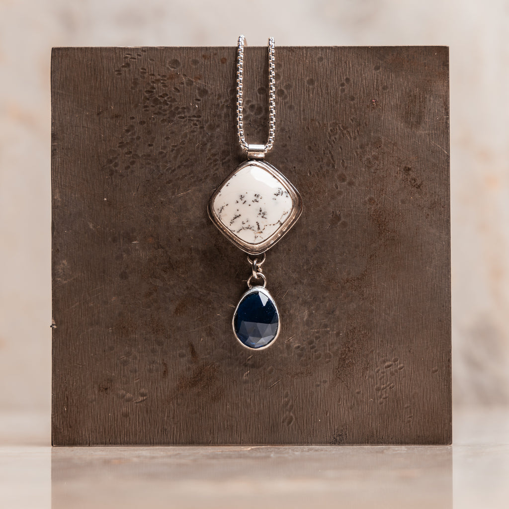 Elegant opal and topaz pendant necklace on delicate silver chain