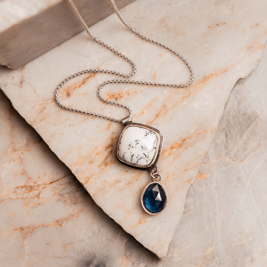 Handmade silver pendant necklace with unique opal and blue gemstone combination