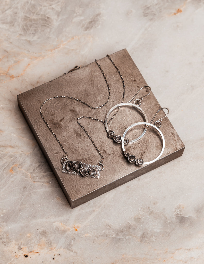 "Organic Sterling Silver Parker Necklace 
 and Earrings featuring artisan metalwork and natural textures."

