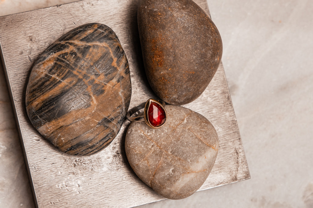 "Luxury mixed metal ring with faceted red garnet teardrop and 14k gold bezel size 6"