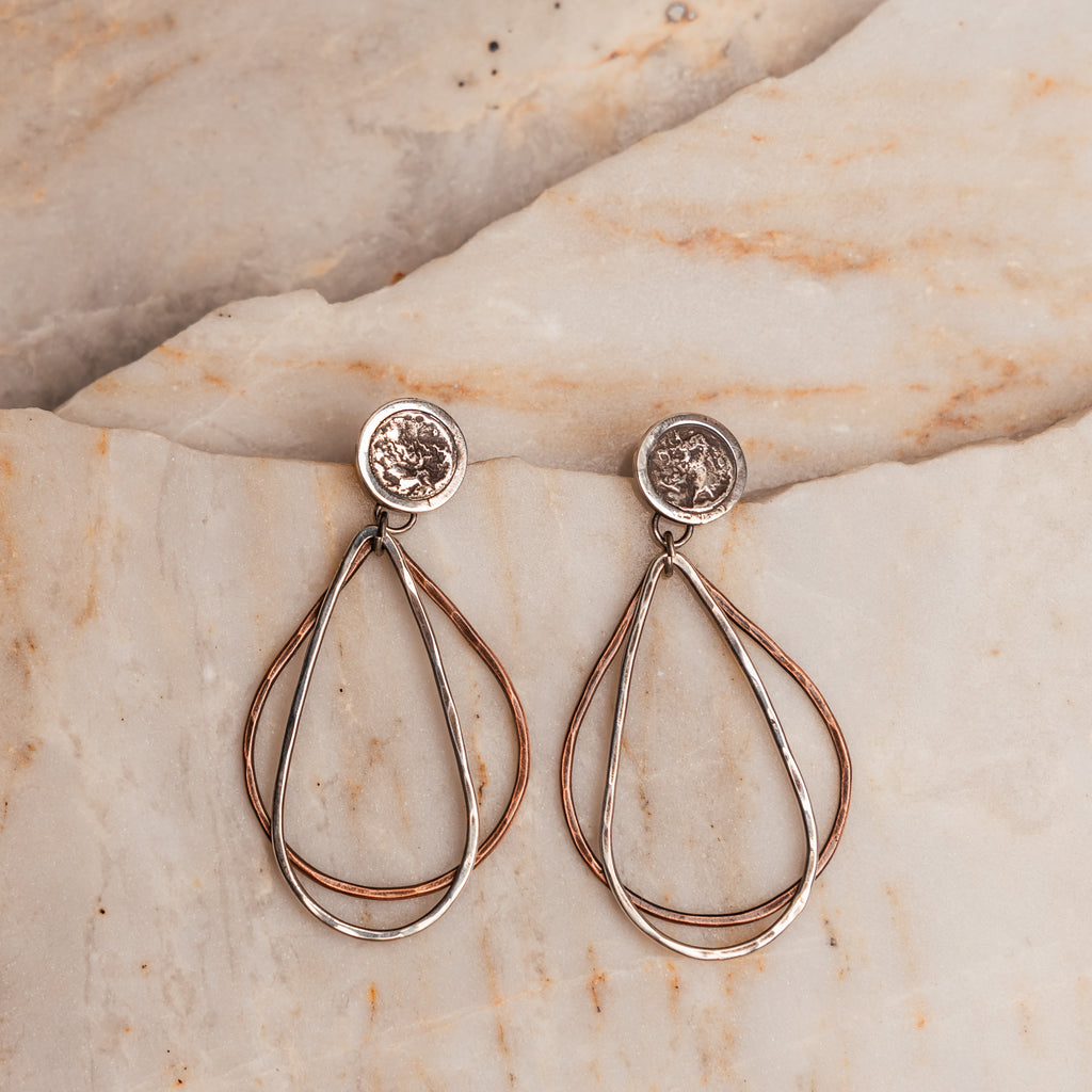 Modern bohemian Roxanna Earrings rustic mixed metal hoop earrings