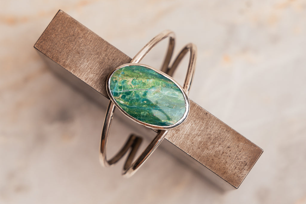 "Statement Christabel Cuff Bracelet featuring a one-of-a-kind blue Peruvian opal gemstone."

