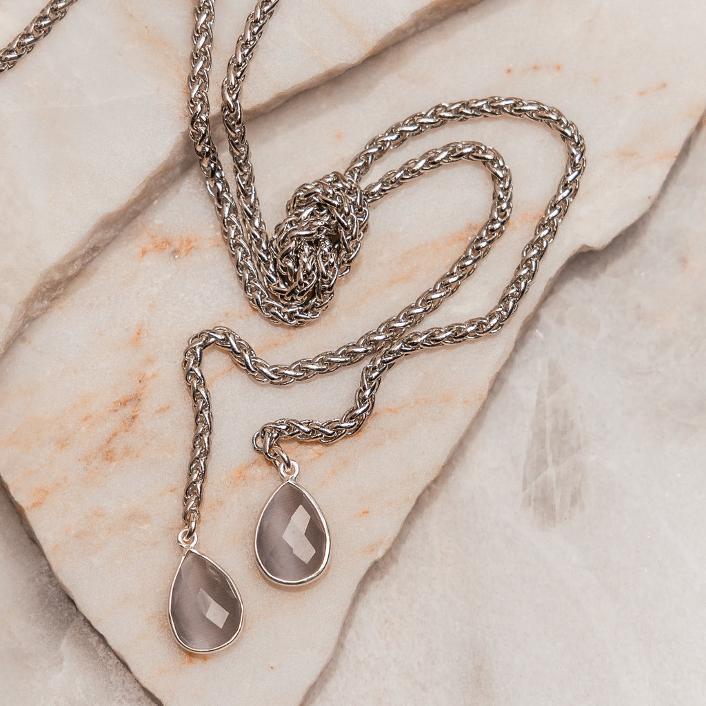 Elegant teardrop pendant necklace with adjustable chain length - Genevieve collection in dual finishes"