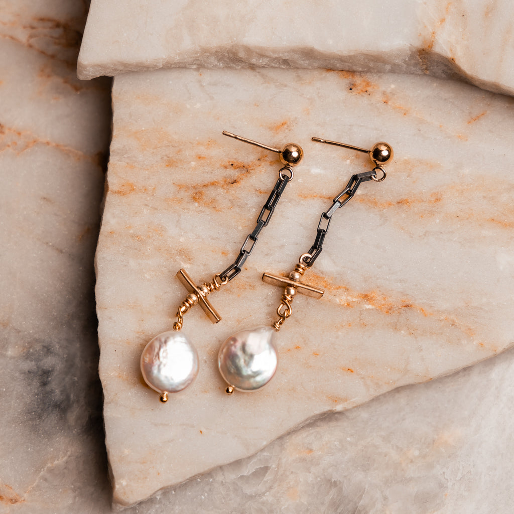 Contemporary coastal-inspired jewelry: Rene Earrings with pearls and mixed metals